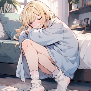 male, short_hair, blonde, pink_eyes, sleepy, boxer_briefs, pajama_top, socks,niji