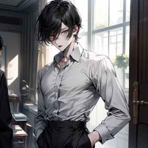 Male, pale, black_hair, short_hair, beauty_mark, high_waisted_slacks, dress_shirt, solo_focus, grey_eyes