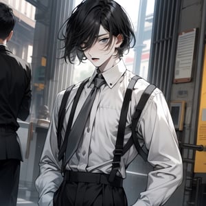 Male, pale, black_hair, short_hair, beauty_mark, high_waisted_slacks, dress_shirt, solo_focus, grey_eyes