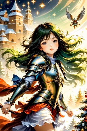 Girl in Armour, christmas, traditional media, fantasy illustration, soft colors, Whimsical Illustration, windy, dynamic poses,Anime ,cutegirlmix