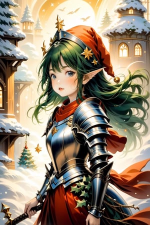 Girl in Armour, christmas, traditional media, fantasy illustration, soft colors, Whimsical Illustration, windy, dynamic poses,Anime ,cutegirlmix