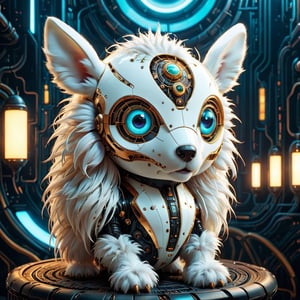 Imagine a charming cyberpunk pet, small and fluffy, with a white cybermask. This endearing companion blends the cyberpunk aesthetic with its adorable fluffiness. Picture a world where even this tiny creature's cybermask is a work of intricate detail and innovation. Its presence adds a touch of charm to the gritty, high-tech cyberpunk environment, reminding us that even in the future, cuteness has its place.,Furry