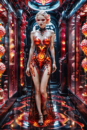 A detailed beautiful Transparent Woman filled with detailed Ice Cream working in a detailed cyberpunk ice cream store serving customers. ((wearing a detailed Transparent glass floor length dress filled with detailed Hot light red and black swirling molten lava 
inside, Wearing a hyperdetailed Cyberpunk white mask, breasts covered)), FilmGirl,detailmaster2,WEARING HAUTE_COUTURE DESIGNER DRESS,HAUTE_COUTURE