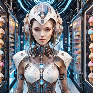 ((wearing a detailed Transparent Cyberfashion Dress: Tech Ninja Attire filled with detailed ice cream 
inside, Clear glass woman head filled with ice cream, Wearing a hyperdetailed Cyberpunk white mask, breasts covered, detailed headstop)), A detailed beautiful Transparent glass Woman filled with detailed Ice Cream working in a detailed cyberpunk ice cream store serving customers, FilmGirl,detailmaster2,WEARING HAUTE_COUTURE DESIGNER DRESS,HAUTE_COUTURE,flareminidress,cyborg style