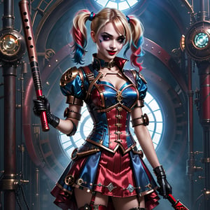 1girl, Reimagine Harley Quinn wearing Cyberfashion Dress: Steampunk Cybercouture wielding a cyber baseball bat, ,FilmGirl,detailmaster2