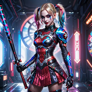 1girl, Reimagine Harley Quinn wearing Cyberfashion Dress: Tech Ninja Attire wielding a cyber baseball bat, ,FilmGirl,detailmaster2