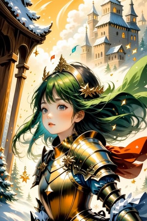 Girl in Armour, christmas, traditional media, fantasy illustration, soft colors, Whimsical Illustration, windy, dynamic poses,Anime ,cutegirlmix