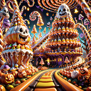(Picture the Candy Corn Roller Coaster, a thrilling ride through a candy corn forest with loops and twists that take you soaring above the Halloween-themed park. Cute ghostly figures provide playful jump scares along the way), 8k octane render, high detail, masterpiece, hyperdetailed, intricate details