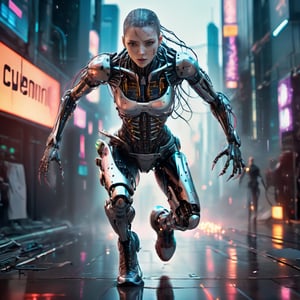 ((female, Immortal cyborg, running throught a cyberpunk city)), Ultra realistic,, realistic . 64k. abstract masterpiece, (clear glass girl filled with hyperdetailed immortal cyberetics, nitty gritty detailed pealing cybernetic skin where it had burnt back to the detailed cybernetic wiring, burnt skin, filled with Cybernetics, horror), cinema style, Masterpiece, hyperdetailed, intricately detailed, Professional photography, bokeh, natural lighting, canon lens, shot on dslr 64 megapixels sharp focus, complex,cyborg style