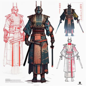 Cyberpunk Samurai Robes: An imposing, samurai-inspired mechanical dress with angular lines and glowing katana patterns. The dress incorporates cybernetic armor plating and a katana sheath on the back. (2D Art Style: Cyber Samurai),  hyperdetailed intricately detailed,  intricate
