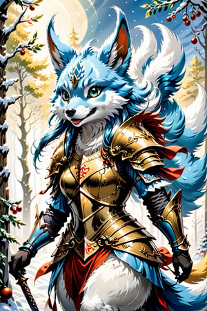 Furryfolk in Armour, christmas, traditional media, fantasy illustration, soft colors, Whimsical Illustration, windy, dynamic poses,Anime ,cutegirlmix,hentai