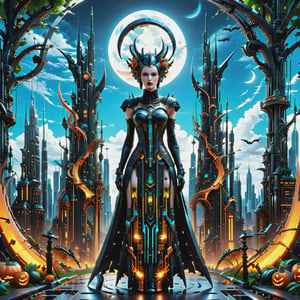 (Pixel Punk Pixel Dress), farming scythe, In a world where the harmonious fusion of nature and technology paints a mesmerizing tableau, envision a character adorned in the entrancing 'Halloween Grim Reaper Pixel Punk Pixel Dress,' clutching a scythe. The backdrop is an avant-garde metropolis where towering skyscrapers seamlessly entwine with colossal, biomechanical arboreal giants, creating an awe-inspiring cityscape, corresponding

depth_of_field, 8k octane render, high detail, masterpiece, hyperdetailed, intricate details,Renaissance Sci-Fi Fantasy