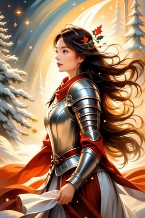 Girl in Armour, christmas, traditional media, fantasy illustration, soft colors, Whimsical Illustration, windy, dynamic poses,