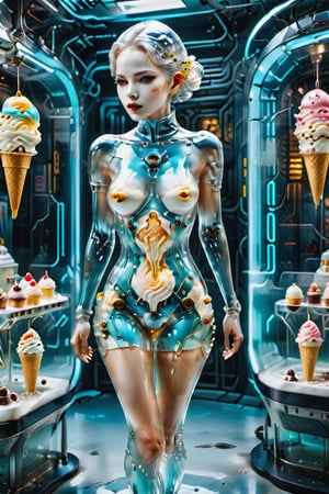 A Transparent Glass Woman filled with Ice Cream working in a cyberpunk ice cream store serving customers. wearing a Transparent glass dress filled with cyberpunk, Wearing a Cyberpunk white mask, FilmGirl,detailmaster2
