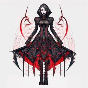 Gothic Cyber Vamp: A dark and edgy mechanical dress that combines gothic aesthetics with cyber enhancements. The dress features a leather corset, spiked collar, and glowing red circuitry. (2D Art Style: Gothic Cyberpunk),  hyperdetailed intricately detailed,  intricate
