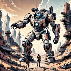 ((Visualize a cel-shaded epic battle between larger-than-life mech suits, each with exaggerated proportions and intricate detailing, set against a backdrop of a war-torn, cel-shaded landscape)), 

Comic Book-Style 2d, (no masks), masterpiece