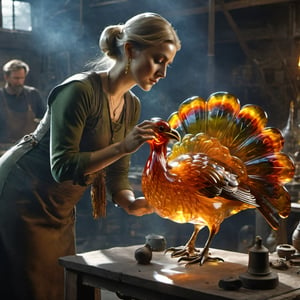 (Elvish craft woman making a Glass blown turkey sculpture in a glass workshop, furnace, Glass blown turkey sculpture, close up, detailed glass work, working on, heat, hot), Epic cinematic brilliant stunning intricate meticulously detailed dramatic atmospheric maximalist digital matte painting,Glass,