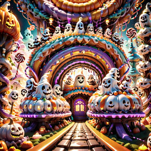 (Whimsical Ghostly Roller Coaster, an enchanting ride with carriages shaped like smiling ghostly figures. As you board, friendly ghosts adorn you with candy necklaces, and the coaster takes you on a thrilling journey through the Candy Corn Forest, with twists and turns that provide exhilarating views of candy-themed landscapes), 8k octane render, high detail, masterpiece, hyperdetailed, intricate details