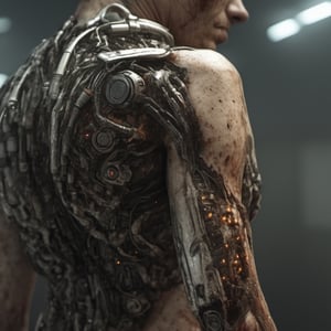 A cyborg mercenary's arm exposes a nitty gritty detailed pealing cybernetic skin where it had burnt back back to the detailed cybernetic wiring, burnt skin, horror, Hyperdetailed, 