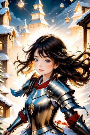 Girl in Armour, christmas, traditional media, fantasy illustration, soft colors, Whimsical Illustration, windy, dynamic poses,Anime ,cutegirlmix