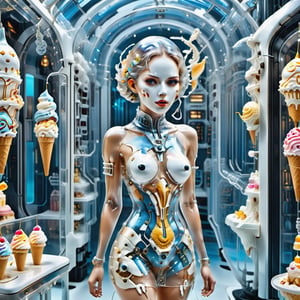 ((wearing a detailed Transparent glass flareminidress filled with detailed ice cream 
inside, Clear glass woman head filled with ice cream, Wearing a hyperdetailed Cyberpunk white mask, breasts covered)), A detailed beautiful Transparent glass Woman filled with detailed Ice Cream working in a detailed cyberpunk ice cream store serving customers, FilmGirl,detailmaster2,WEARING HAUTE_COUTURE DESIGNER DRESS,HAUTE_COUTURE,flareminidress,cyborg style