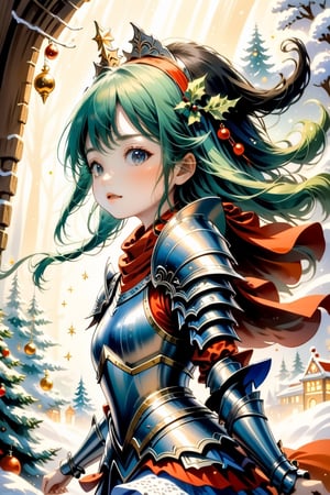 Girl in Armour, christmas, traditional media, fantasy illustration, soft colors, Whimsical Illustration, windy, dynamic poses,Anime ,cutegirlmix