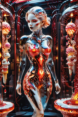A detailed beautiful Transparent glass Woman filled with detailed Ice Cream working in a detailed cyberpunk ice cream store serving customers. ((wearing a detailed Transparent glass flareminidress filled with detailed Hot light red and black swirling molten lava 
inside, Wearing a hyperdetailed Cyberpunk white mask, breasts covered)), FilmGirl,detailmaster2,WEARING HAUTE_COUTURE DESIGNER DRESS,HAUTE_COUTURE,flareminidress
