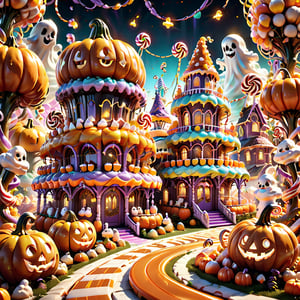 (Explore the Roller Ghoster Zone, where ghost-shaped roller coasters glide through a pumpkin patch adorned with candy corn and marshmallow fencing. The roller coasters are lined with enchanted candy that transforms into gummy treats as you ride), 8k octane render, high detail, masterpiece, hyperdetailed, intricate details