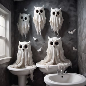 Spooky ghost owls in a washroom, halloween spelt in one of the ghosts