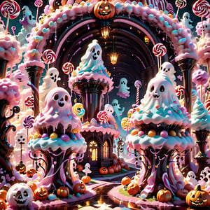 (Step into the whimsical Halloween wonderland, where sweetly spooky ghosts dressed in candy-themed costumes guide visitors along candy floss trails and caramel bridges, under licorice archways, and past lollipop lampposts), 8k octane render, high detail, masterpiece, hyperdetailed, intricate details