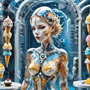 ((wearing a detailed Transparent glass flareminidress filled with detailed ice cream 
inside, Clear glass woman head filled with ice cream, Wearing a hyperdetailed Cyberpunk white mask, breasts covered)), A detailed beautiful Transparent glass Woman filled with detailed Ice Cream working in a detailed cyberpunk ice cream store serving customers, FilmGirl,detailmaster2,WEARING HAUTE_COUTURE DESIGNER DRESS,HAUTE_COUTURE,flareminidress,cyborg style