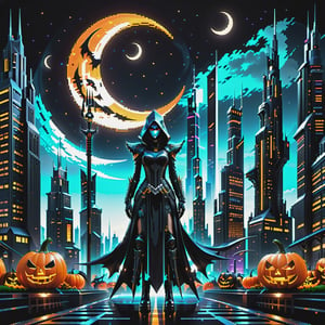 In a world where the harmonious fusion of nature and technology paints a mesmerizing tableau, envision a character adorned in the entrancing 'Halloween Grim Reaper Pixel Punk Pixel Dress,' clutching a scythe with a crescent moon-shaped blade. The backdrop is an avant-garde metropolis where towering skyscrapers seamlessly entwine with colossal, biomechanical arboreal giants, creating an awe-inspiring cityscape

depth_of_field, 8k octane render, high detail, masterpiece, hyperdetailed, intricate details,Renaissance Sci-Fi Fantasy