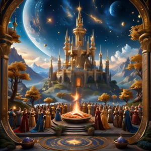 In the Sci-Fi Renaissance Fantasy realm of Eldoria, a tapestry unfolds, portraying a majestic courtly feast under a sky ablaze with magical constellations, woven in threads of celestial blue and golden hues.,Renaissance Sci-Fi Fantasy