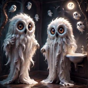 Spooky ghost owls in a washroom, halloween spelt in one of the ghosts