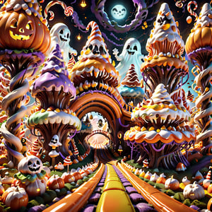 (Picture the Candy Corn Roller Coaster, a thrilling ride through a candy corn forest with loops and twists that take you soaring above the Halloween-themed park. Cute ghostly figures provide playful jump scares along the way), 8k octane render, high detail, masterpiece, hyperdetailed, intricate details
