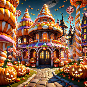 (Candy Land Halloween theme park, where the entrance gates are fashioned from towering candy corn columns. Jack-o'-lanterns line the paths, their candy eyes aglow, casting eerie, flickering shadows across the candy cobblestone streets.), 8k octane render, high detail, masterpiece, hyperdetailed, intricate details