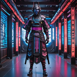 Full body shot, wearing Wearing the hyperdetailed Cyberfashion Mask: Digital Ninja Mask and the detailed Cyberfashion Dress: Cyberpunk Samurai Robes