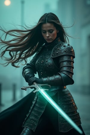 Motion lines, Action Scene, floating particles, Atmospheric haze, foggy atmosphere, high quality analog photography of a woman wearing an intricate FredFraiStyle inspired black and vibrant thin dark intricate designed armor with high collar, Highly detailed close-up action scene of a knight in intricately patterned armor. Long billowing hair, The focus is on the knight’s sword strike, showcasing intricate designed sword that is emitting a pale turquoise blur of light that trails with the swift motion, capturing the dynamic speed of the fighter. The scene is set in a misty, fog-filled night with a desaturated color palette. The background is hazy Metropolis, while motion streaks and dynamic lighting enhance the sense of speed and intensity, with the knight’s glow piercing through the mist, impressive powerful stance, very detailed, moody DARK dystopian villain themed analog photo