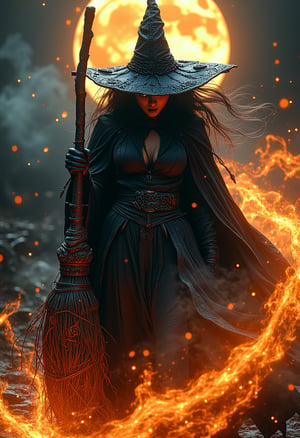 “Create a hyper-stylistic image of a striking witch, very beautiful, looking out at the viewer with an angry, scornful look, riding a broom with intricate carvings along its length. The bristles on the back end of the broom have been replaced with a large exhaust pipe that shoots sparks, demonstrating incredible strength and speed. The witch is a dynamic, energetic figure with a flowing black cloak that seems to billow behind her like smoke. The magic of Halloween surrounds the witch and her broom, like an eerie and powerful force field that seems to crackle with energy. Incorporate intricate details and textures to bring the witch, broom and surrounding atmosphere to life, focusing on capturing the sense of power, magic and wonder of Halloween that permeates the scene. Add some creepy, glowing fog in the background and a full moon hanging low in the sky to complete the spooky atmosphere. High quality, intricate details, visually stunning, Masterpiece