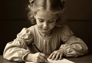 This is a sepia-toned photograph of a young girl with light skin and wavy, light-colored hair styled in an updo. She appears to be in her early teens, with delicate features and a serene expression. She is dressed in a vintage, high-necked dress with intricate lace detailing around the collar and sleeves, which adds a sense of elegance and sophistication. The dress has long, puffed sleeves that fall gently over her hands, which are positioned over a sheet of paper or parchment, where she is actively writing with a pen. The texture of the lace and fabric is finely detailed, giving a realistic feel to the photograph.

The background is blurred, focusing attention on the girl and her activity. The overall color palette is muted, with a warm sepia tone that emphasizes the historical and nostalgic atmosphere of the image. The lighting is soft, casting gentle shadows that accentuate the contours of her face and hands, contributing to the intimate and reflective mood of the photograph. The image captures a moment of quiet concentration and artistic expression, evoking a sense of timelessness and connection to the past.