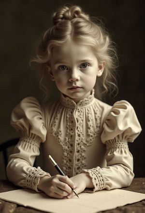 This is a sepia-toned photograph of a young girl with light skin and wavy, light-colored hair styled in an updo. She appears to be in her early teens, with delicate features and a serene expression. She is dressed in a vintage, high-necked dress with intricate lace detailing around the collar and sleeves, which adds a sense of elegance and sophistication. The dress has long, puffed sleeves that fall gently over her hands, which are positioned over a sheet of paper or parchment, where she is actively writing with a pen. The texture of the lace and fabric is finely detailed, giving a realistic feel to the photograph.

The background is blurred, focusing attention on the girl and her activity. The overall color palette is muted, with a warm sepia tone that emphasizes the historical and nostalgic atmosphere of the image. The lighting is soft, casting gentle shadows that accentuate the contours of her face and hands, contributing to the intimate and reflective mood of the photograph. The image captures a moment of quiet concentration and artistic expression, evoking a sense of timelessness and connection to the past.