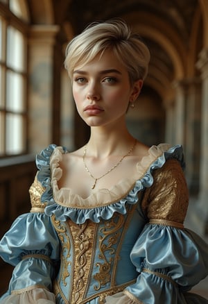 Close-up of photorealistic non-binary person in blue and gold Renaissance dress with ruffles and lace, short blonde hair (pixie), posing in castle hallway.