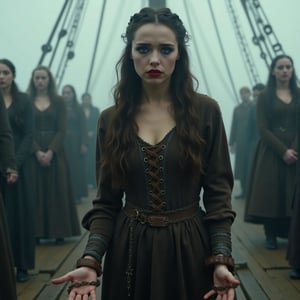 The image is a still from a period drama film set in a misty medieval setting. The central figure is a young woman with fair skin and long, dark brown hair that falls down her back. She has striking blue eyes and thick black eye makeup, giving her a dramatic and dark appearance. Her bright red lips contrast with her pale face. She is wearing a dark brown, medieval-style dress with long sleeves and a low neckline, fastened with brown laces down the center front. The fabric appears to be made of a rough, wool-like material, suggesting a harsh, exposed setting. Her clasped wrists are extended in front of her and are shackled with rusty metal shackles and chains, suggesting captivity or imprisonment. In the background, several blurry figures dressed in similar medieval attire stand on a wooden platform that appears to be part of a ship or dock. The misty, foggy atmosphere creates a sense of mystery and tension. The colors in the image are muted, with earth tones dominating, contributing to the historical and gritty atmosphere. The overall mood is dark and tense, with the central figure's expression conveying a mixture of fear, defiance, and determination.