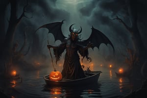 Capture the eerie allure of a dark and mysterious night on the water, horned Satan, cloaked in shadow, ((fishing for illuminated fairies gliding silently underwater)), inky blackness, masterpiece, Leonardo style ,HellAI,fire,halloween