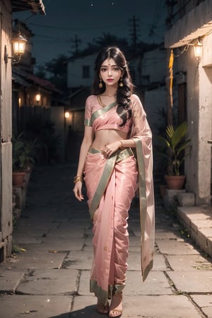 high detailed,full body,wearing traditional indian clothes saree,indian,20 years old beautiful woman,20 years old,open environment,celebrating diwali,lighting a diya, aestheic night light,light pink lipstick,long straight black hair, hair strands behind ear, earrings, indian jewelery