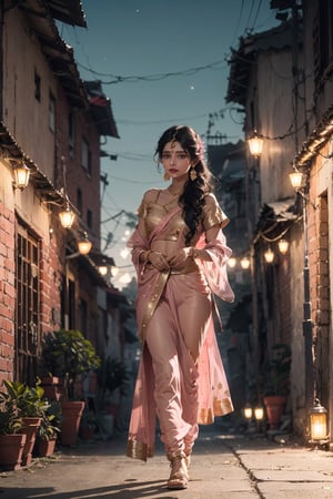 high detailed,full body,wearing traditional indian clothes,indian,20 years old beautiful woman,20 years old,open environment,celebrating diwali,lighting an earthen lamp, aestheic night light,light pink lipstick,long straight black hair, hair strands behind ear, earrings, indian jewelery