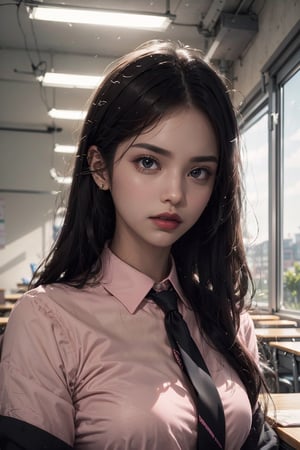 high detailed,wearing light pink shirt,indian,20 years old beautiful woman,20 years old,college environment,classroom,aestheic light,wearing black loose tie,pink lipstick,long black hair,right hand fixing tie