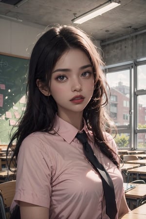 high detailed,wearing light pink shirt ,indian,20 years old beautiful woman,20 years old, college environment, classroom, aestheic light, wearing black loose tie, pink lipstick, long black hair, right hand fixing tie, 