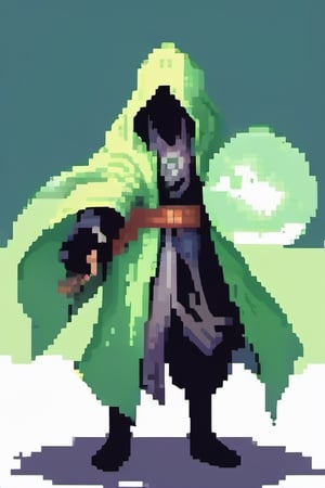 Wind mage,  cloak, face invisible, light green background,