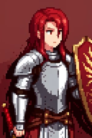 Knight, armor, sideways, side face, scimitar in right hand, sword light, shield in left hand, blurred background, light red background,red hair